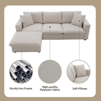 Sectional Sofa With Throw Pillows,L-Shaped Couch Set With Wide Seat,4 Seat Polyester Comfy Fabric Couch Set With Movable Ottoman