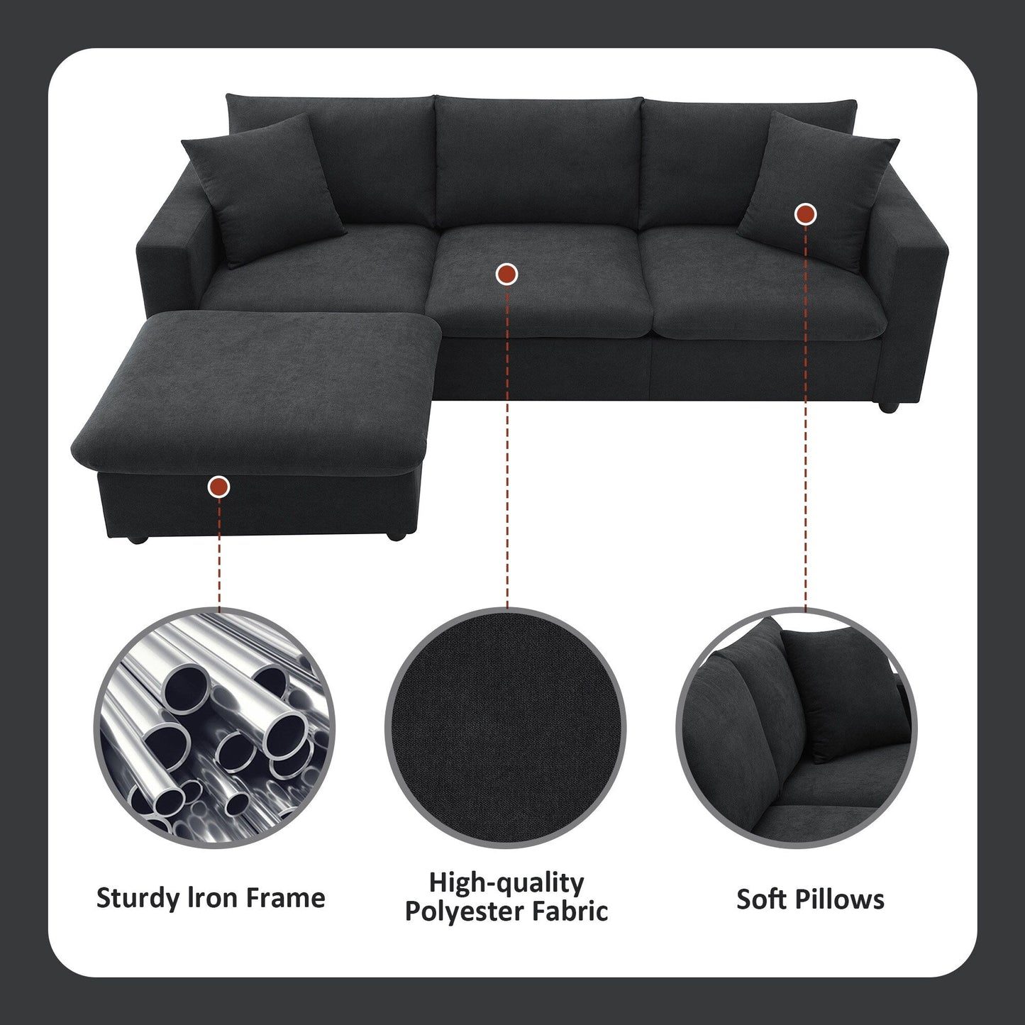 Sectional Sofa With Throw Pillows,L-Shaped Couch Set With Wide Seat,4 Seat Polyester Comfy Fabric Couch Set With Movable Ottoman