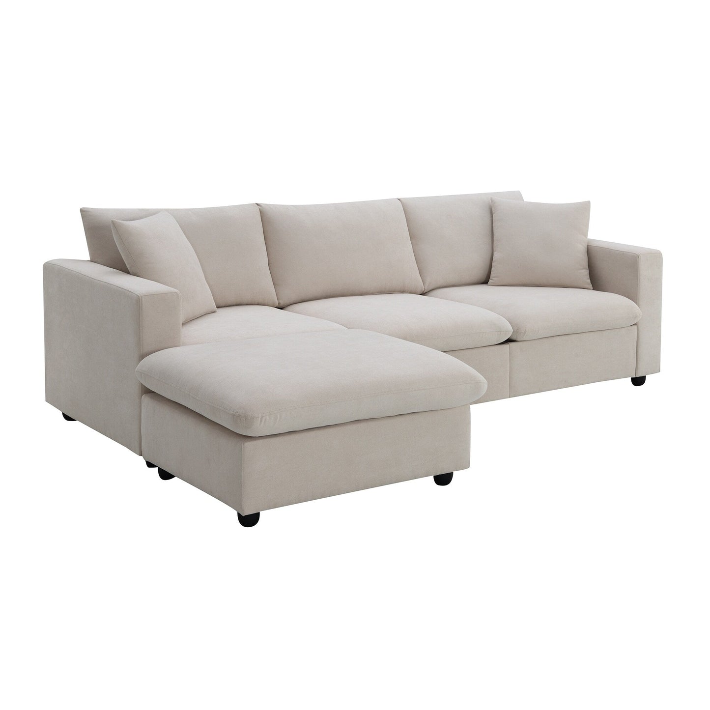 Sectional Sofa With Throw Pillows,L-Shaped Couch Set With Wide Seat,4 Seat Polyester Comfy Fabric Couch Set With Movable Ottoman