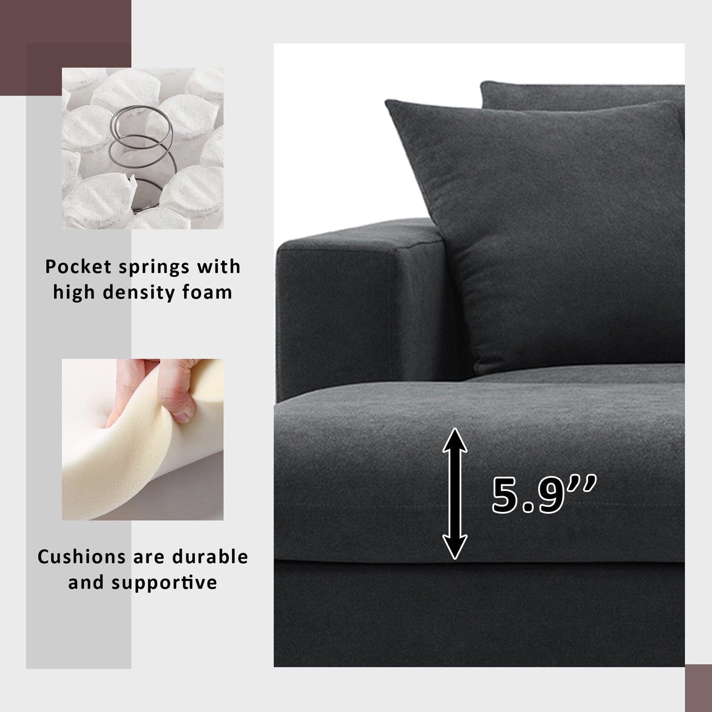 Sectional Sofa With Throw Pillows,L-Shaped Couch Set With Wide Seat,4 Seat Polyester Comfy Fabric Couch Set With Movable Ottoman