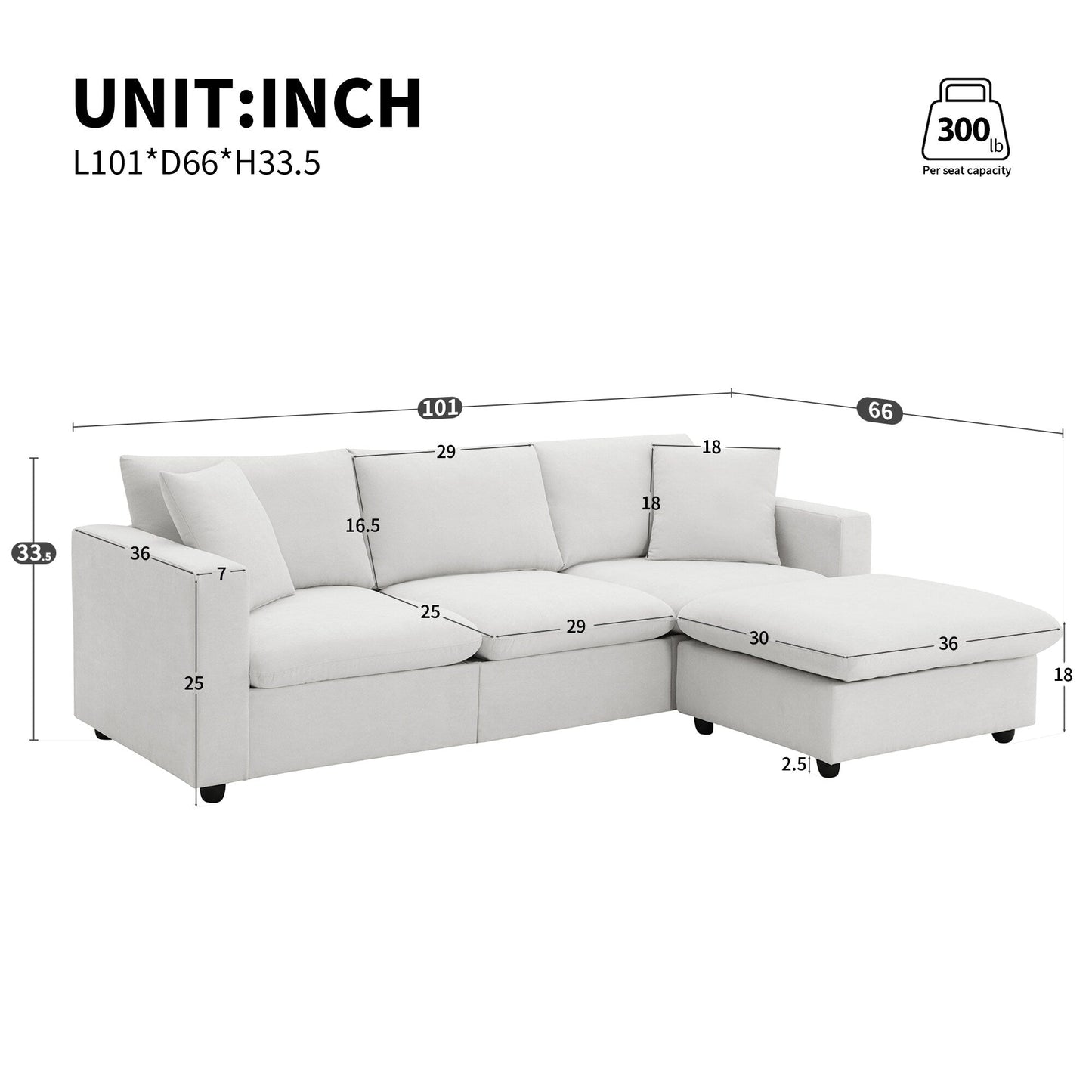 Sectional Sofa With Throw Pillows,L-Shaped Couch Set With Wide Seat,4 Seat Polyester Comfy Fabric Couch Set With Movable Ottoman