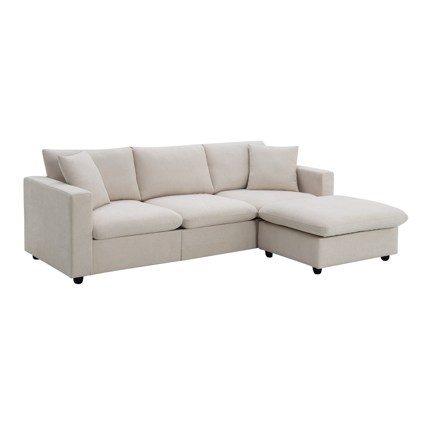 Sectional Sofa With Throw Pillows,L-Shaped Couch Set With Wide Seat,4 Seat Polyester Comfy Fabric Couch Set With Movable Ottoman