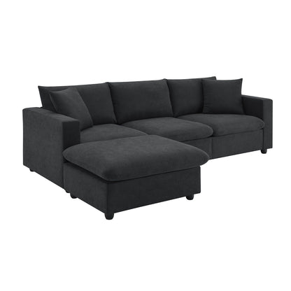 Sectional Sofa With Throw Pillows,L-Shaped Couch Set With Wide Seat,4 Seat Polyester Comfy Fabric Couch Set With Movable Ottoman