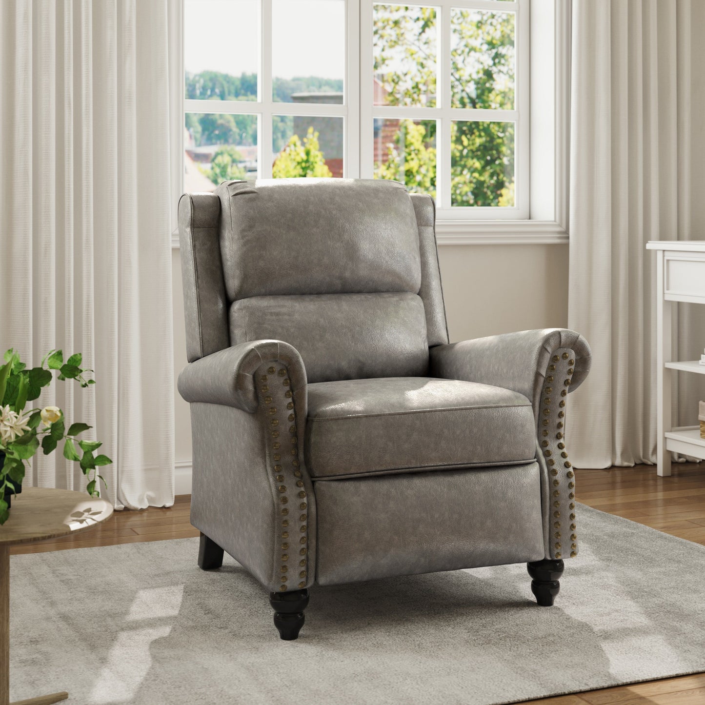 Mid-Century Nailhead PU Leather Linen Recliner