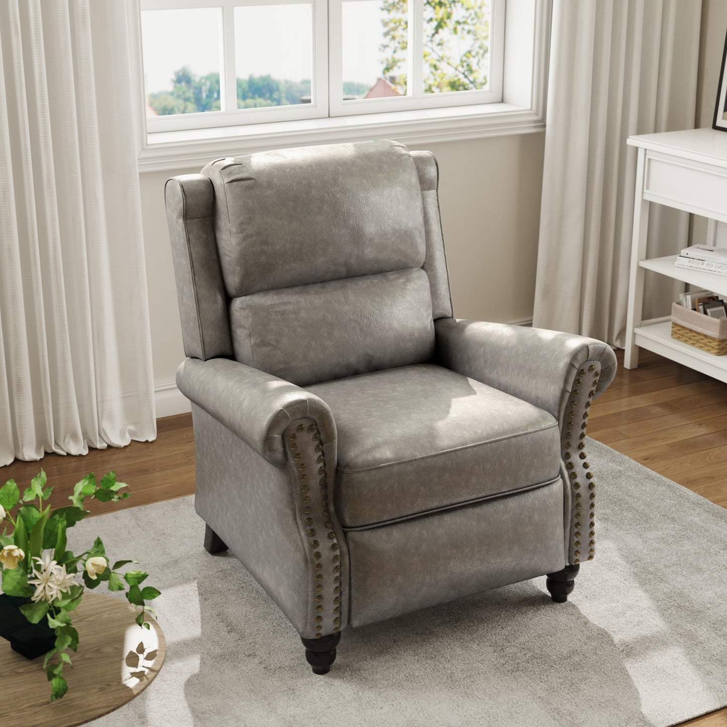 Mid-Century Nailhead PU Leather Linen Recliner