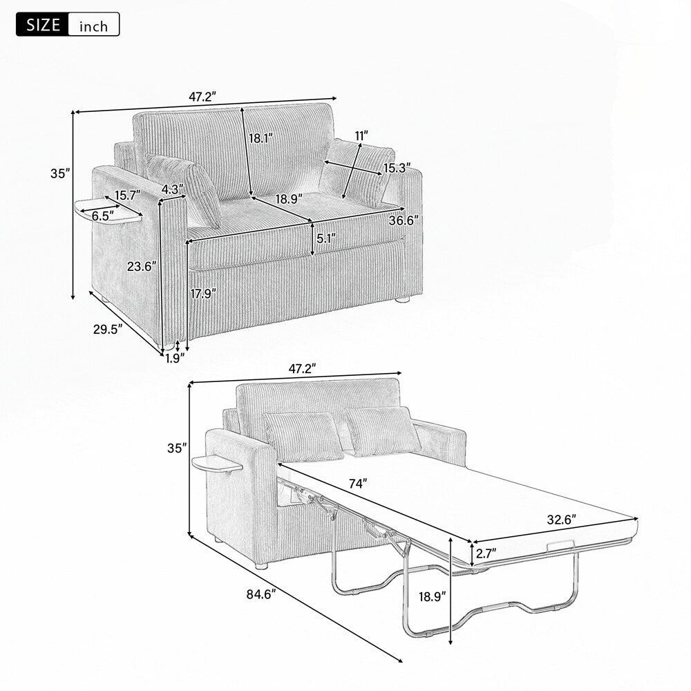 Sleeper Sofa Loveseat Sofa with a Foldable Mattress and Storage Pocket and Two USB Ports - 2 Seat