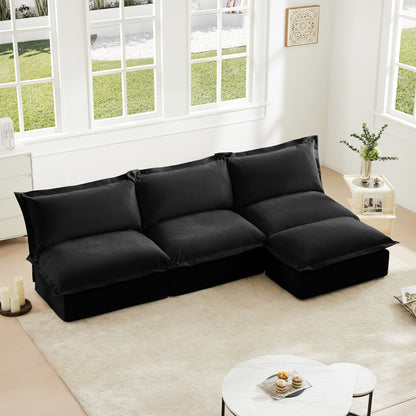 Slipcovered 3 Seater Armless Modern Upholstered Modular Armless Sectional with Reversible Ottoman