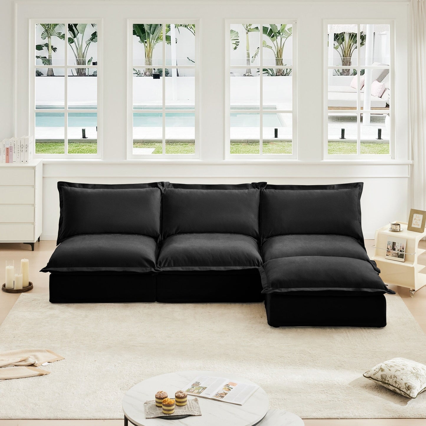 Slipcovered 3 Seater Armless Modern Upholstered Modular Armless Sectional with Reversible Ottoman