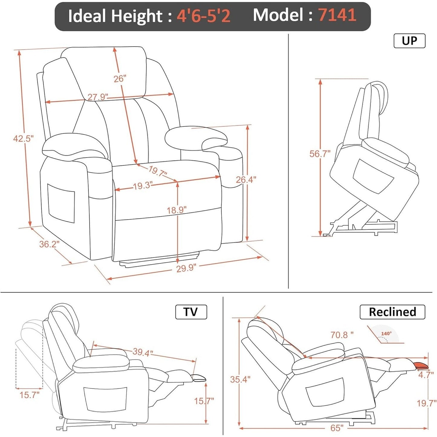 MCombo Small Power Lift Recliner Chair with Massage and Heat for Elderly, 3 Positions and USB Ports Faux leather 7141