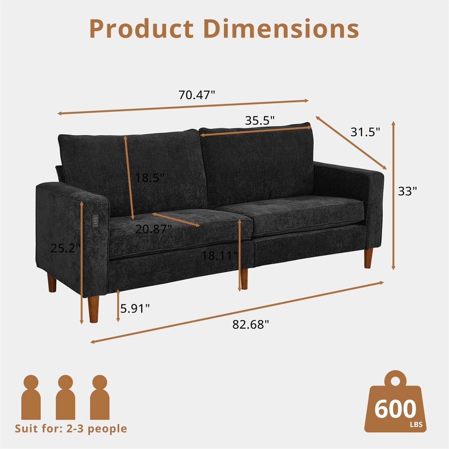 82.7 Sofas for Living Room, Comfy Love Seat Couches, Corduroy Loveseat Sofa,, Easy Assembly with USB