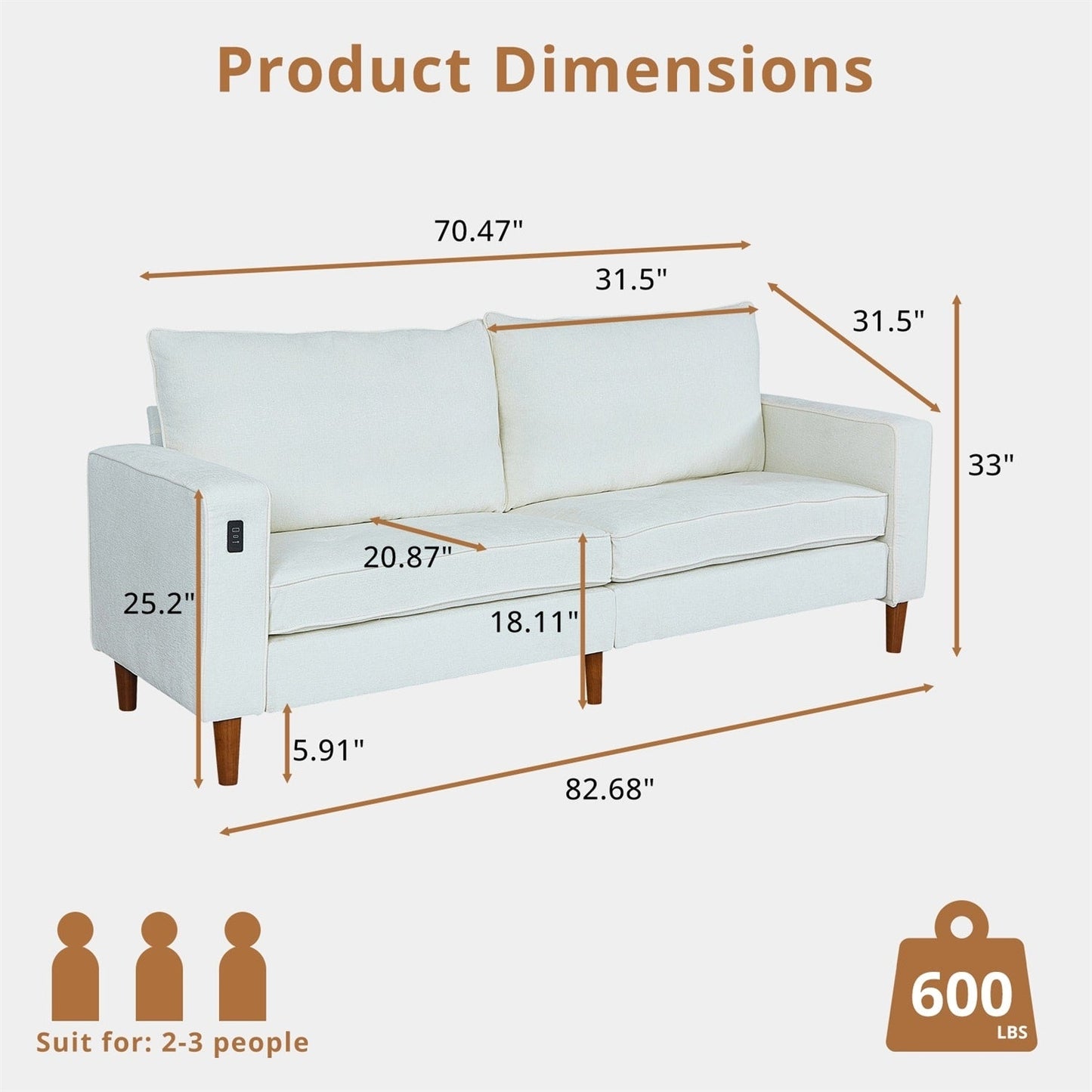 82.7 Sofas for Living Room, Comfy Love Seat Couches, Corduroy Loveseat Sofa,, Easy Assembly with USB