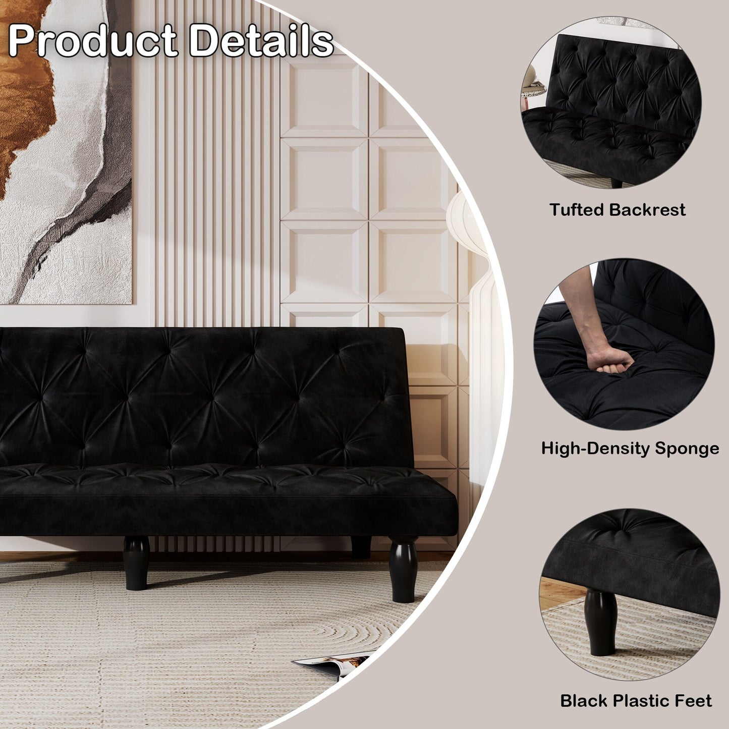 Sofa-to-Bed Evolution: 66 Black Velvet Sofa Bed Transforms Seamlessly, Ideal for Family Living Rooms,Apartments,and Bedrooms