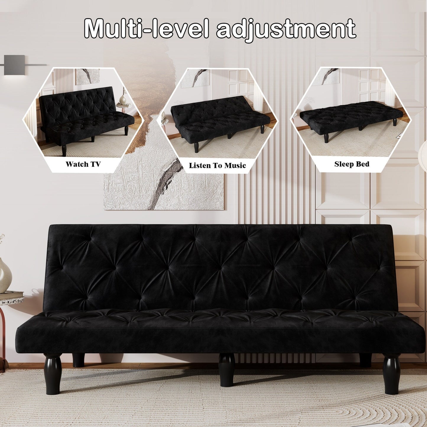 Sofa-to-Bed Evolution: 66 Black Velvet Sofa Bed Transforms Seamlessly, Ideal for Family Living Rooms,Apartments,and Bedrooms