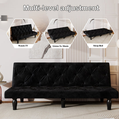Sofa-to-Bed Evolution: 66 Black Velvet Sofa Bed Transforms Seamlessly, Ideal for Family Living Rooms,Apartments,and Bedrooms