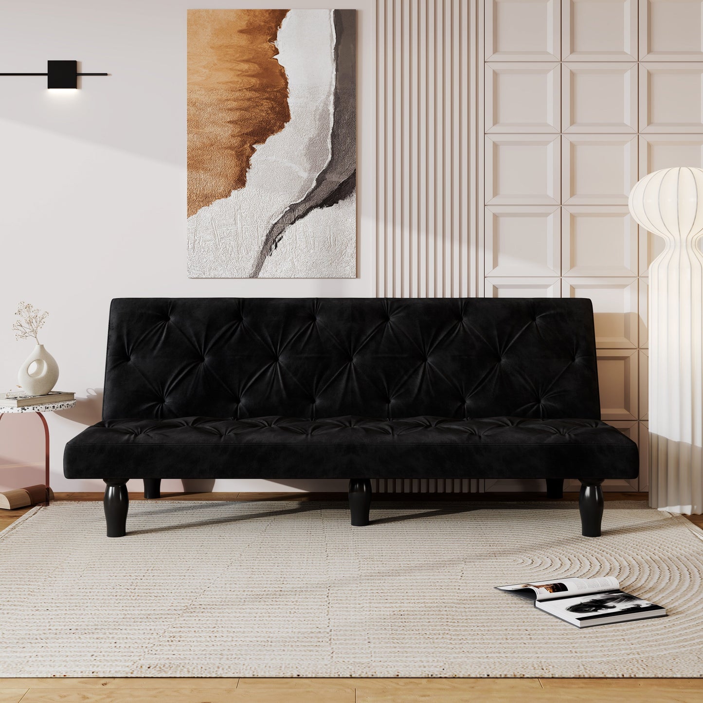 Sofa-to-Bed Evolution: 66 Black Velvet Sofa Bed Transforms Seamlessly, Ideal for Family Living Rooms,Apartments,and Bedrooms