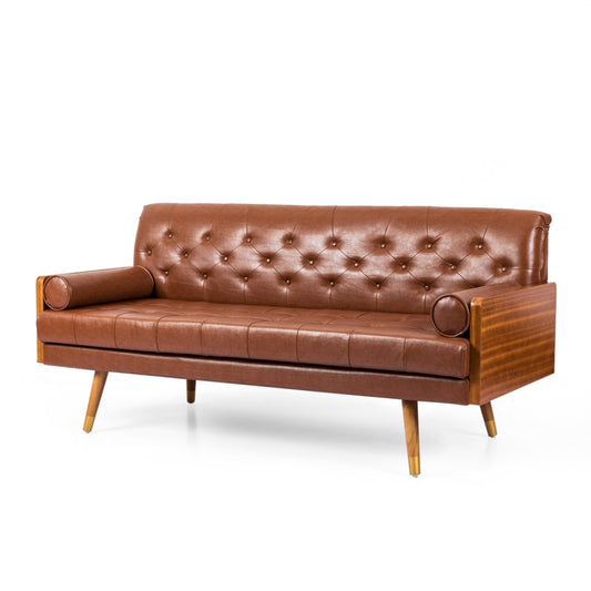 Sofa, 72 Inch Modern Chesterfield Button Tufted Brown Faux Leather