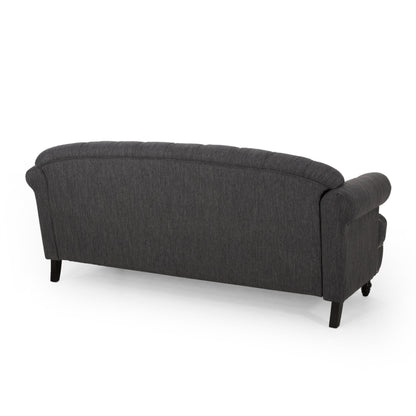 Sofa, 74 Inch 3 Seater, Rivet Accents, Button Tufted Charcoal Gray Fabric
