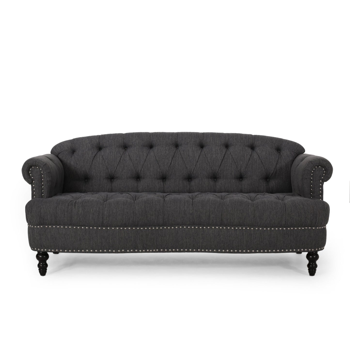 Sofa, 74 Inch 3 Seater, Rivet Accents, Button Tufted Charcoal Gray Fabric
