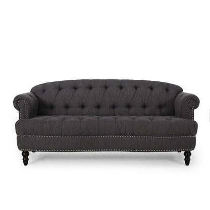 Sofa, 74 Inch 3 Seater, Rivet Accents, Button Tufted Charcoal Gray Fabric