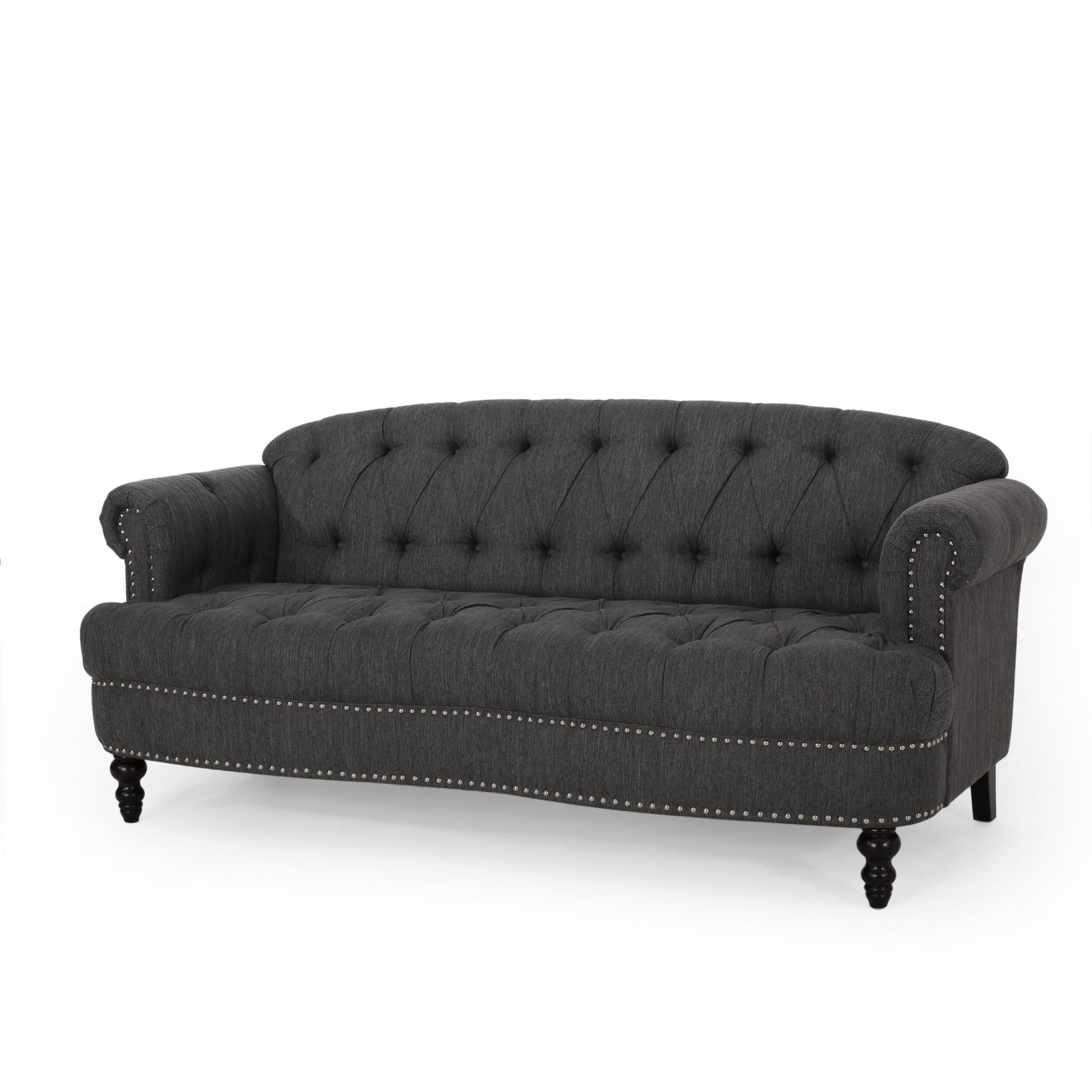 Sofa, 74 Inch 3 Seater, Rivet Accents, Button Tufted Charcoal Gray Fabric
