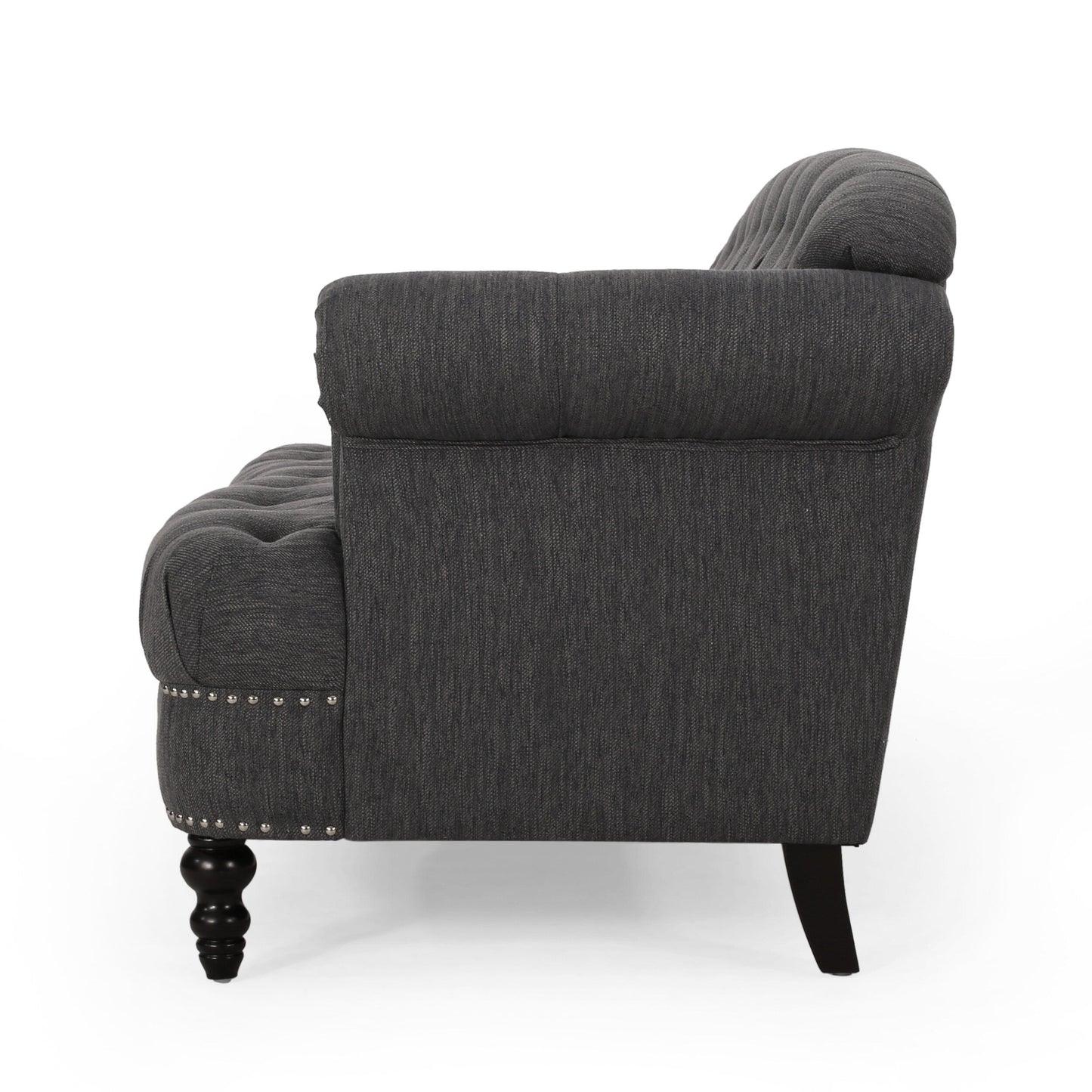 Sofa, 74 Inch 3 Seater, Rivet Accents, Button Tufted Charcoal Gray Fabric