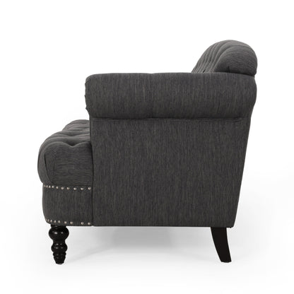 Sofa, 74 Inch 3 Seater, Rivet Accents, Button Tufted Charcoal Gray Fabric