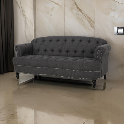 Sofa, 74 Inch 3 Seater, Rivet Accents, Button Tufted Charcoal Gray Fabric