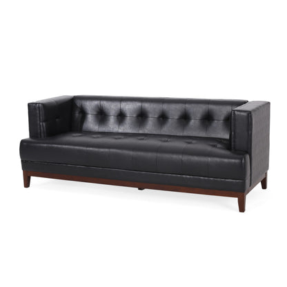 Sofa, 81 Inch 3 Seater, Tufted Black Faux Leather, Brown Wood Frame