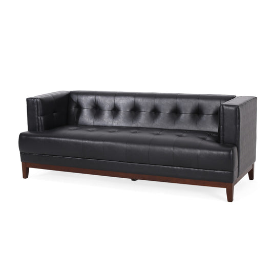 Sofa, 81 Inch 3 Seater, Tufted Black Faux Leather, Brown Wood Frame