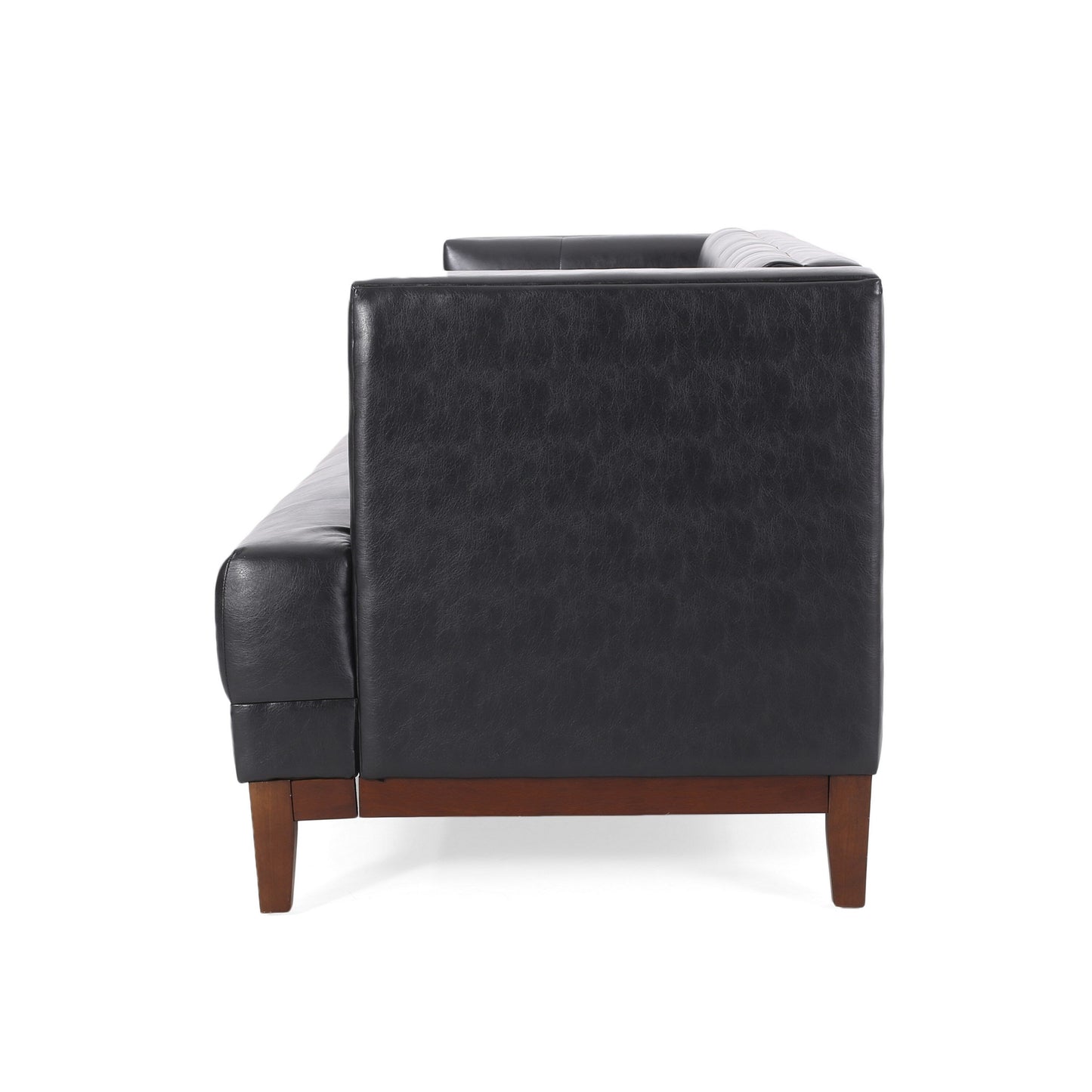 Sofa, 81 Inch 3 Seater, Tufted Black Faux Leather, Brown Wood Frame