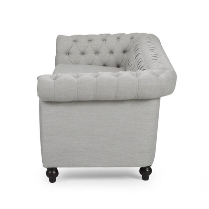 Sofa, 85 Inch Chesterfield Light Gray Button Tufted Fabric Design