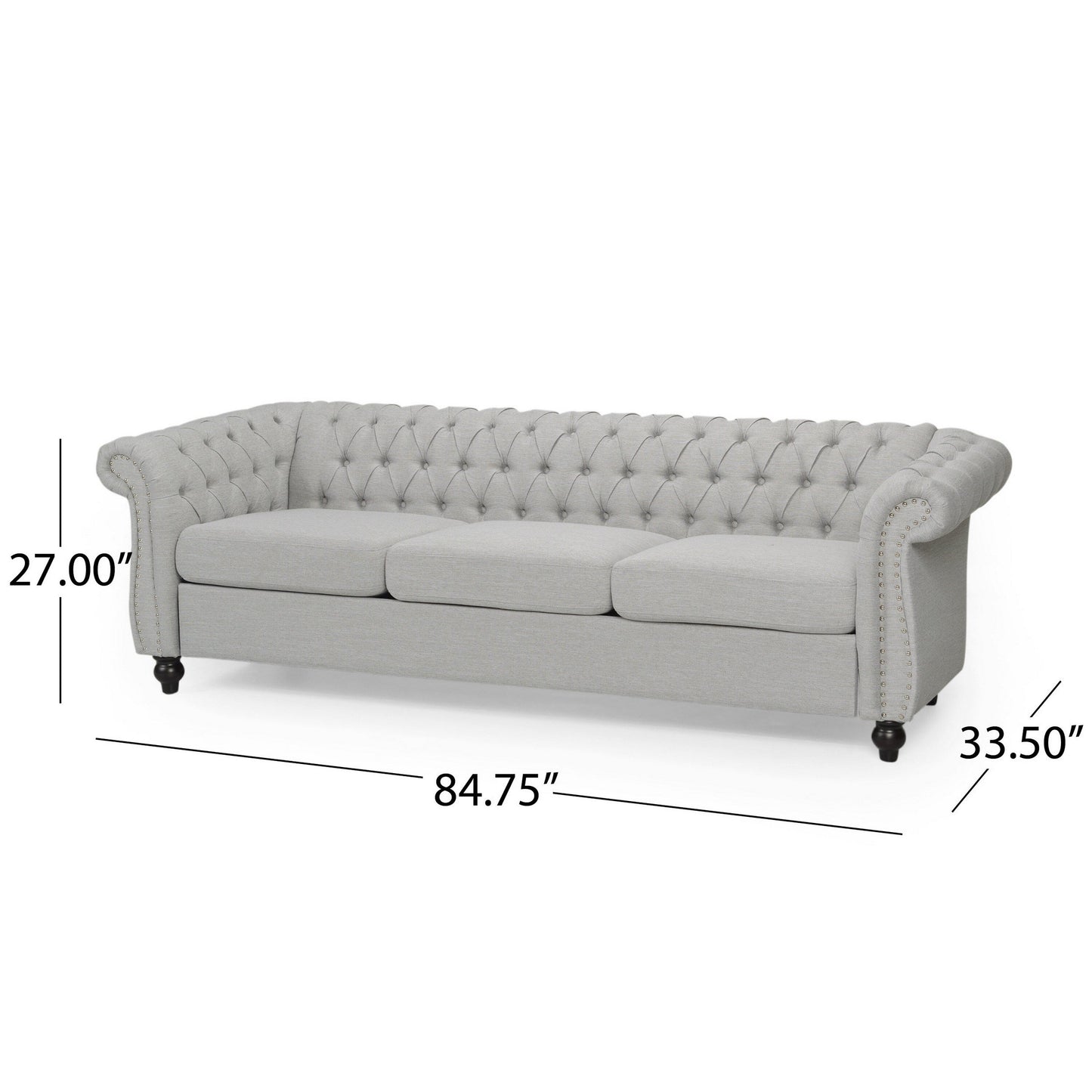 Sofa, 85 Inch Chesterfield Light Gray Button Tufted Fabric Design