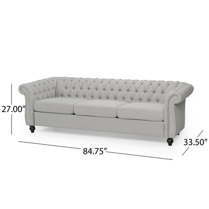 Sofa, 85 Inch Chesterfield Light Gray Button Tufted Fabric Design
