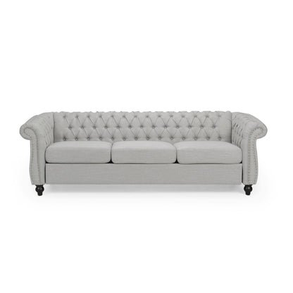 Sofa, 85 Inch Chesterfield Light Gray Button Tufted Fabric Design