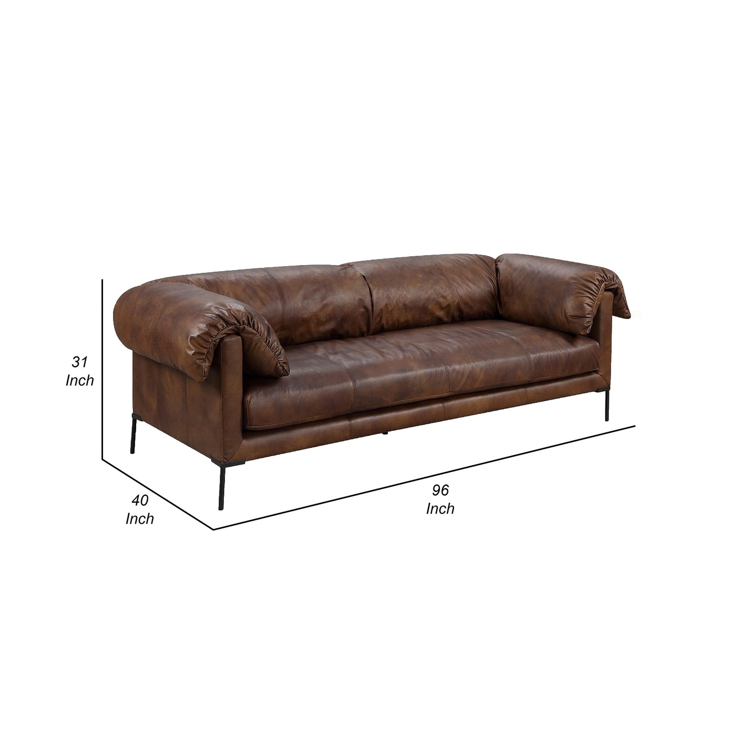 Sofa, Classic 96 Inch, Black Metal Legs, Mocha Brown Top Grain Leather