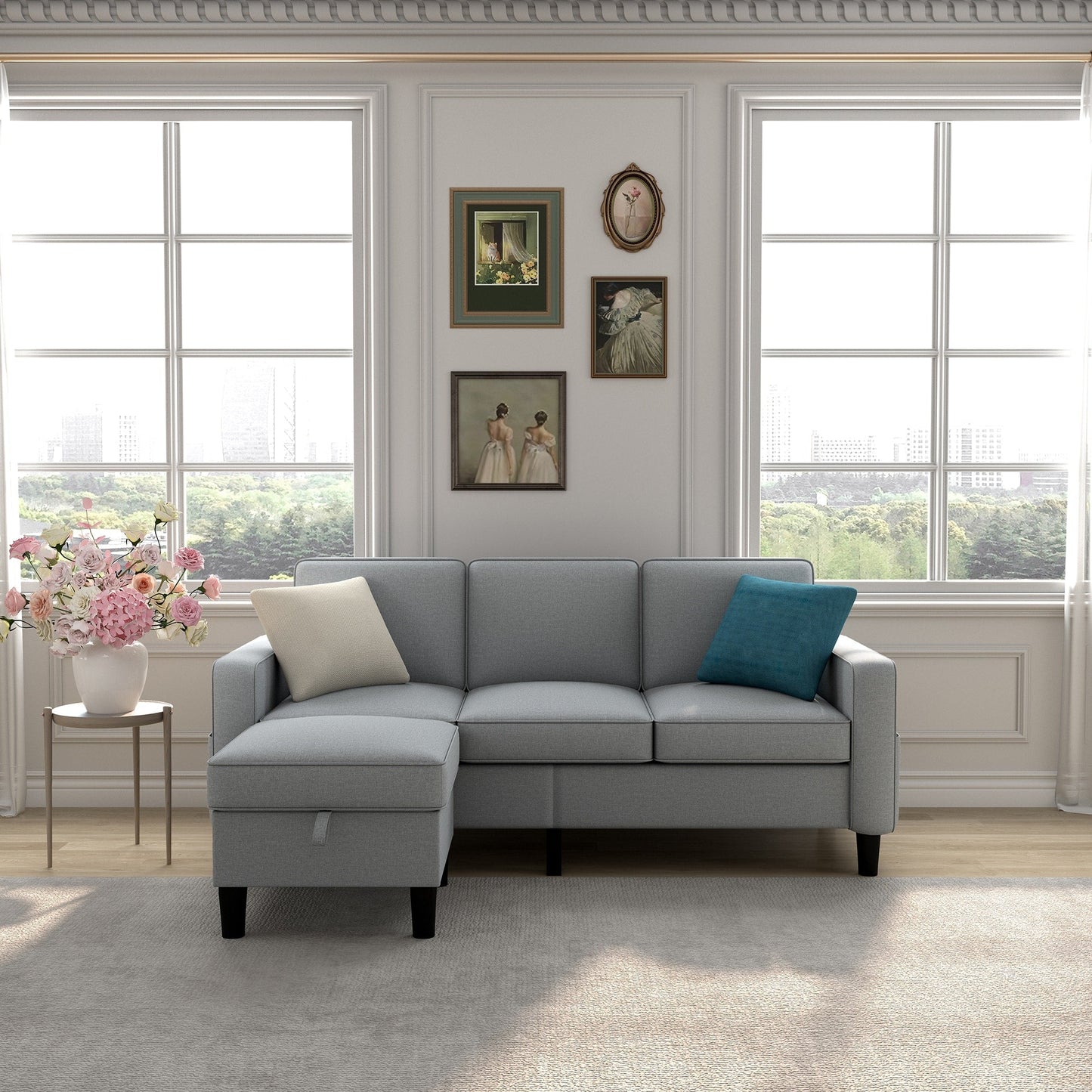 Soft Fabric Convertible Modular Sofa and Ottoman - 53.50 x 77.50 x 33.00