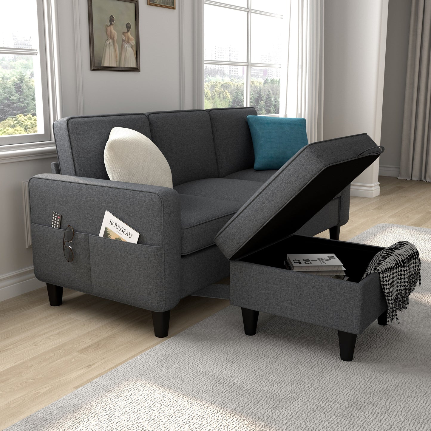 Soft Fabric Convertible Modular Sofa and Ottoman - 53.50 x 77.50 x 33.00