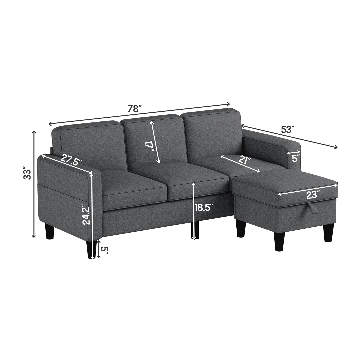 Soft Fabric Convertible Modular Sofa and Ottoman - 53.50 x 77.50 x 33.00