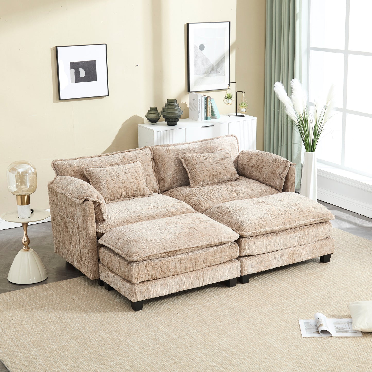Solid Construction, the Overall Structure of the Sofa is Stable, Two Foot Stools and Two-seat Sofa with Side Pockets