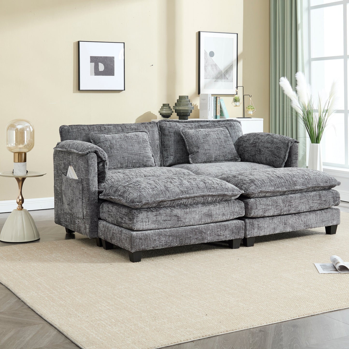 Solid Construction, the Overall Structure of the Sofa is Stable, Two Foot Stools and Two-seat Sofa with Side Pockets