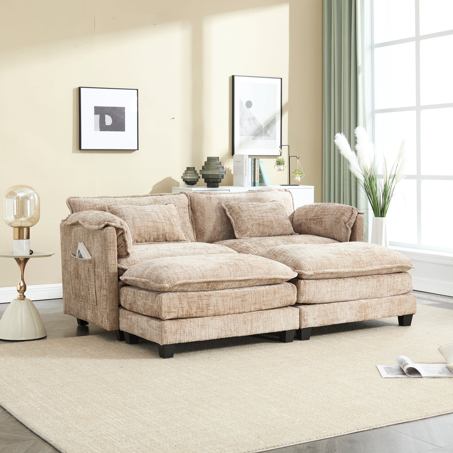 Solid Construction, the Overall Structure of the Sofa is Stable, Two Foot Stools and Two-seat Sofa with Side Pockets