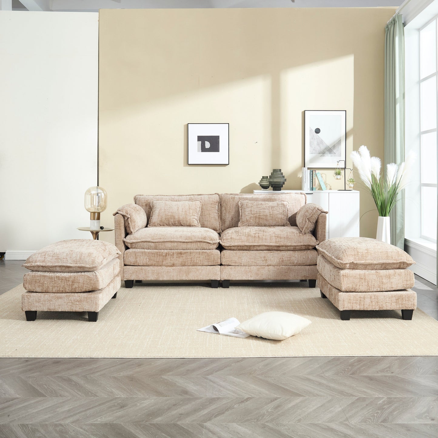 Solid Construction, the Overall Structure of the Sofa is Stable, Two Foot Stools and Two-seat Sofa with Side Pockets