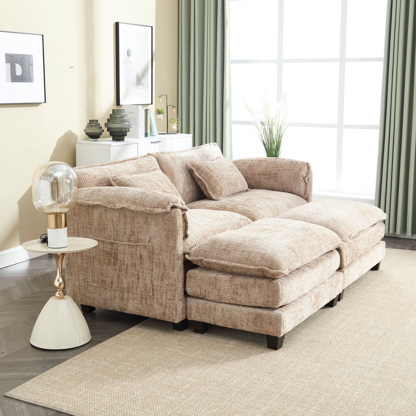 Solid Construction, the Overall Structure of the Sofa is Stable, Two Foot Stools and Two-seat Sofa with Side Pockets
