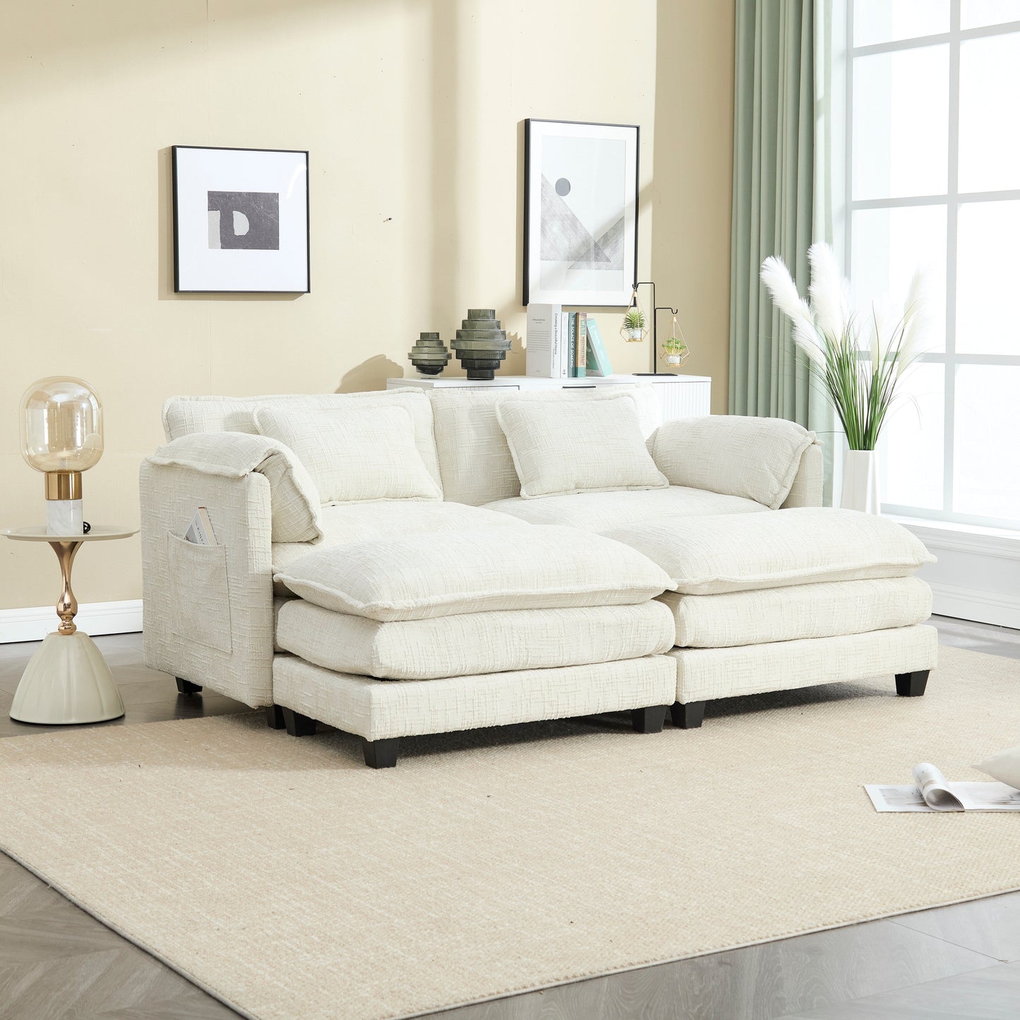 Solid Construction, the Overall Structure of the Sofa is Stable, Two Foot Stools and Two-seat Sofa with Side Pockets
