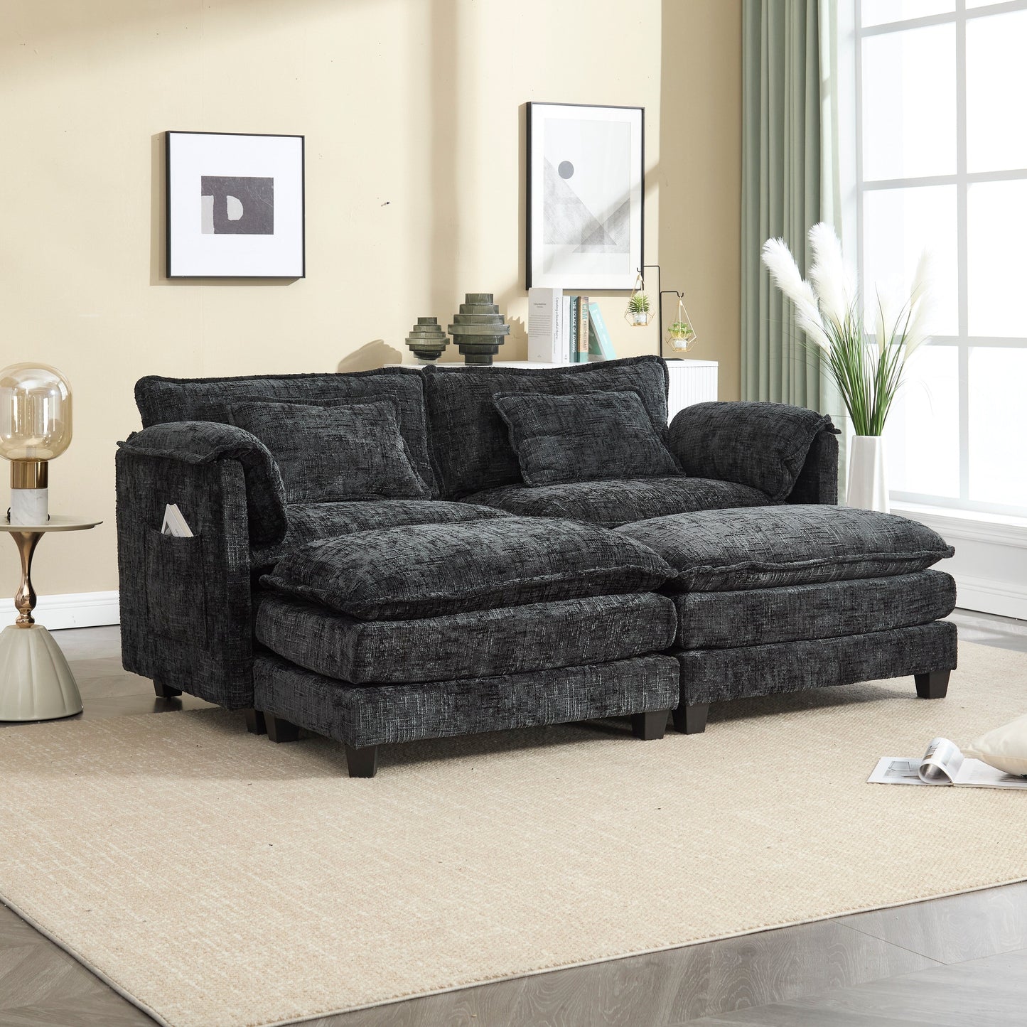 Solid Construction, the Overall Structure of the Sofa is Stable, Two Foot Stools and Two-seat Sofa with Side Pockets