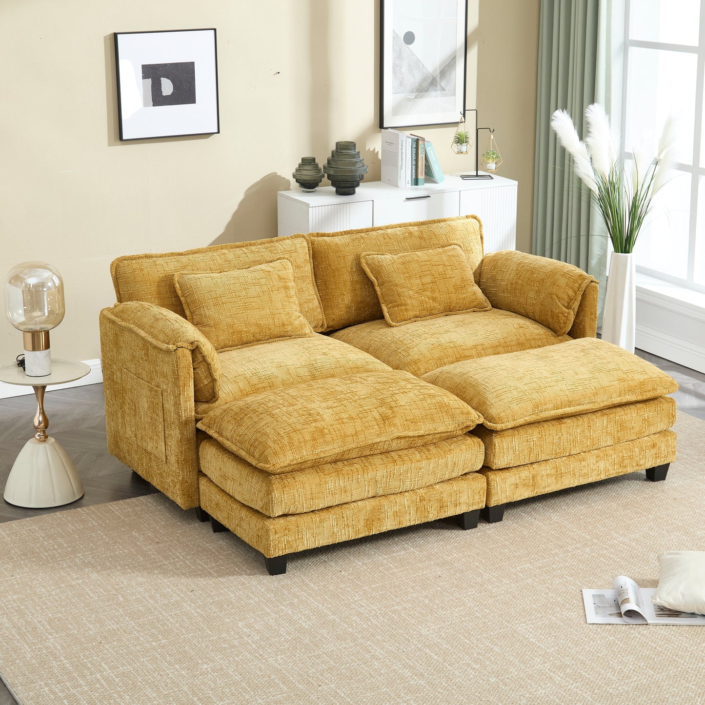 Solid Construction, the Overall Structure of the Sofa is Stable, Two Foot Stools and Two-seat Sofa with Side Pockets