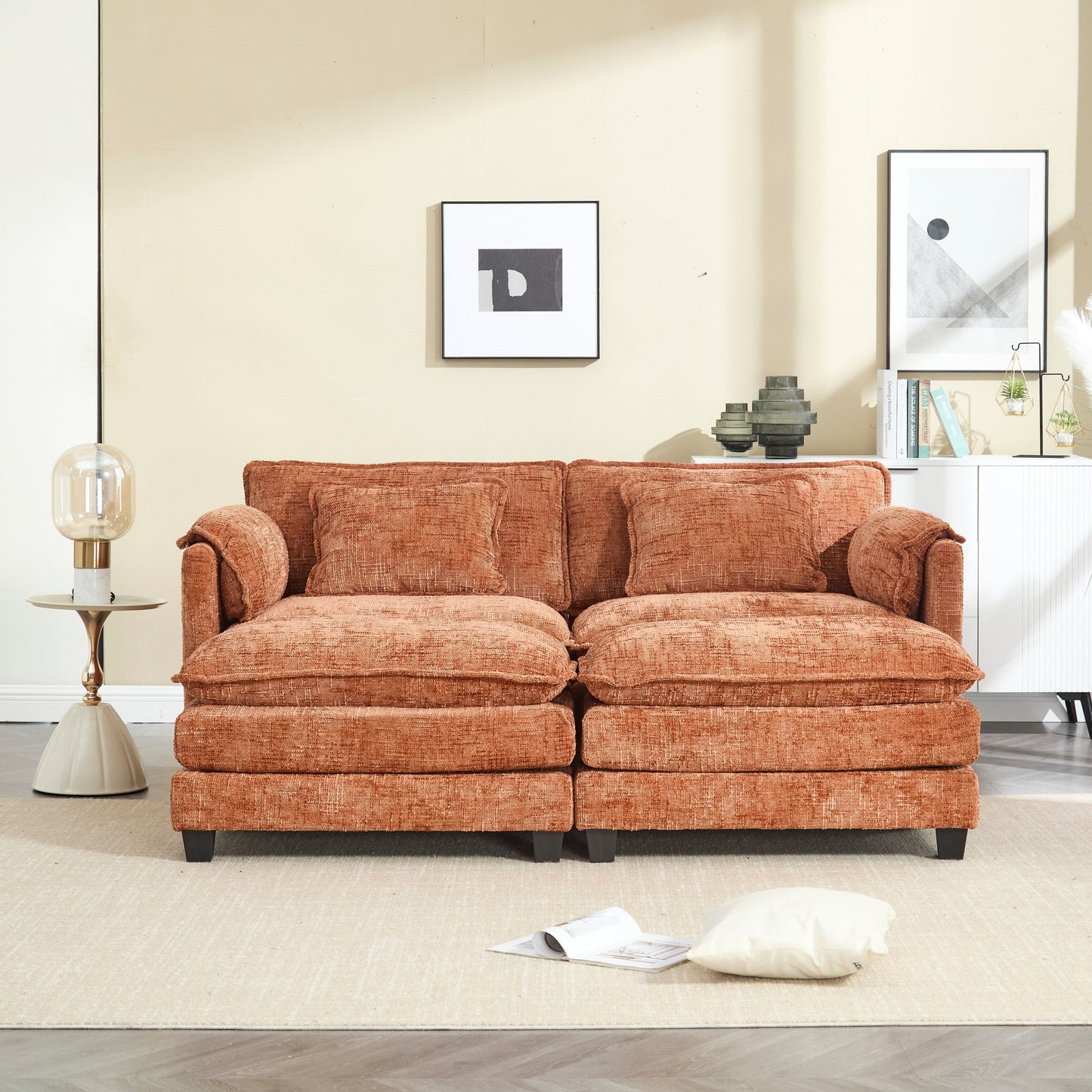 Solid Construction, the Overall Structure of the Sofa is Stable, Two Foot Stools and Two-seat Sofa with Side Pockets
