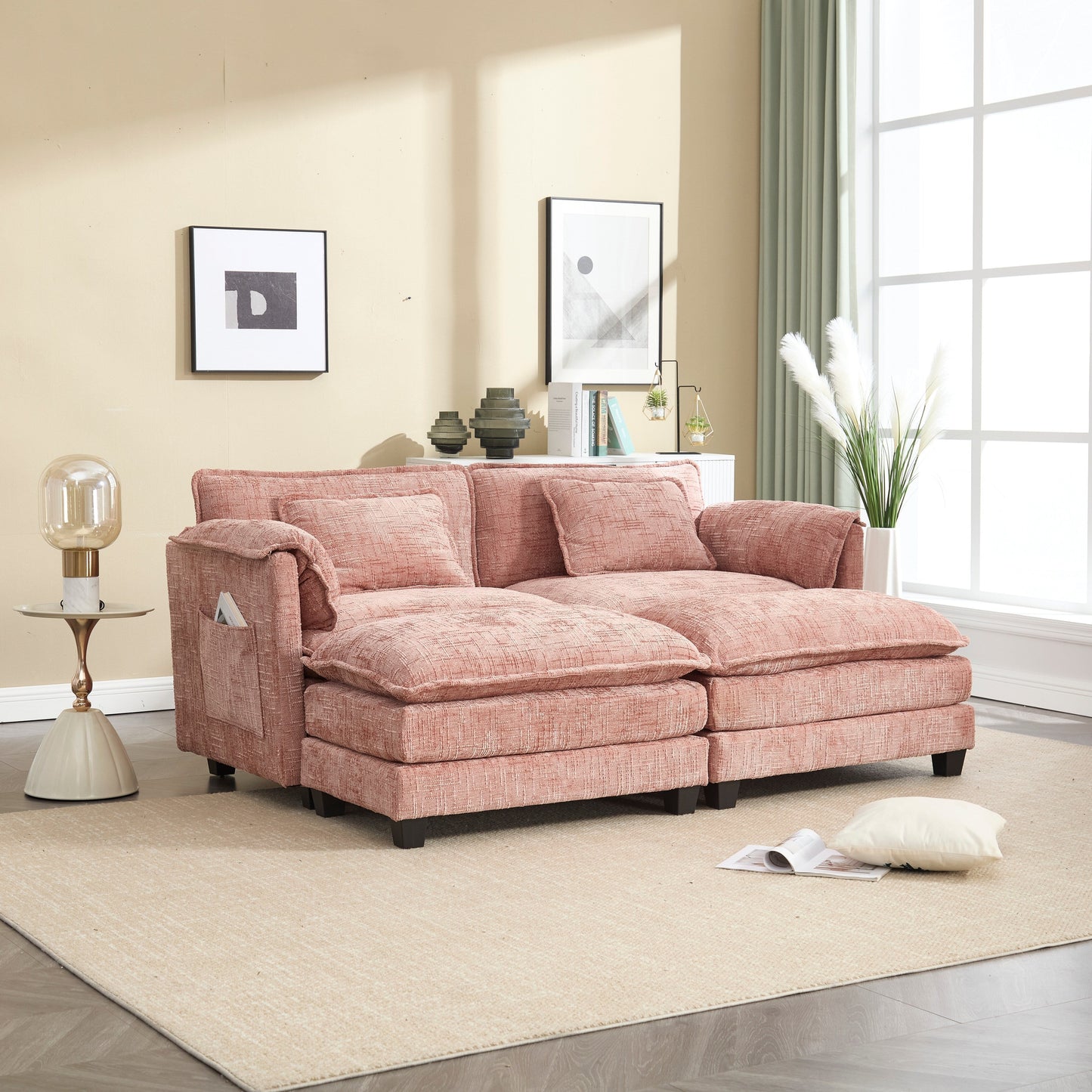 Solid Construction, the Overall Structure of the Sofa is Stable, Two Foot Stools and Two-seat Sofa with Side Pockets