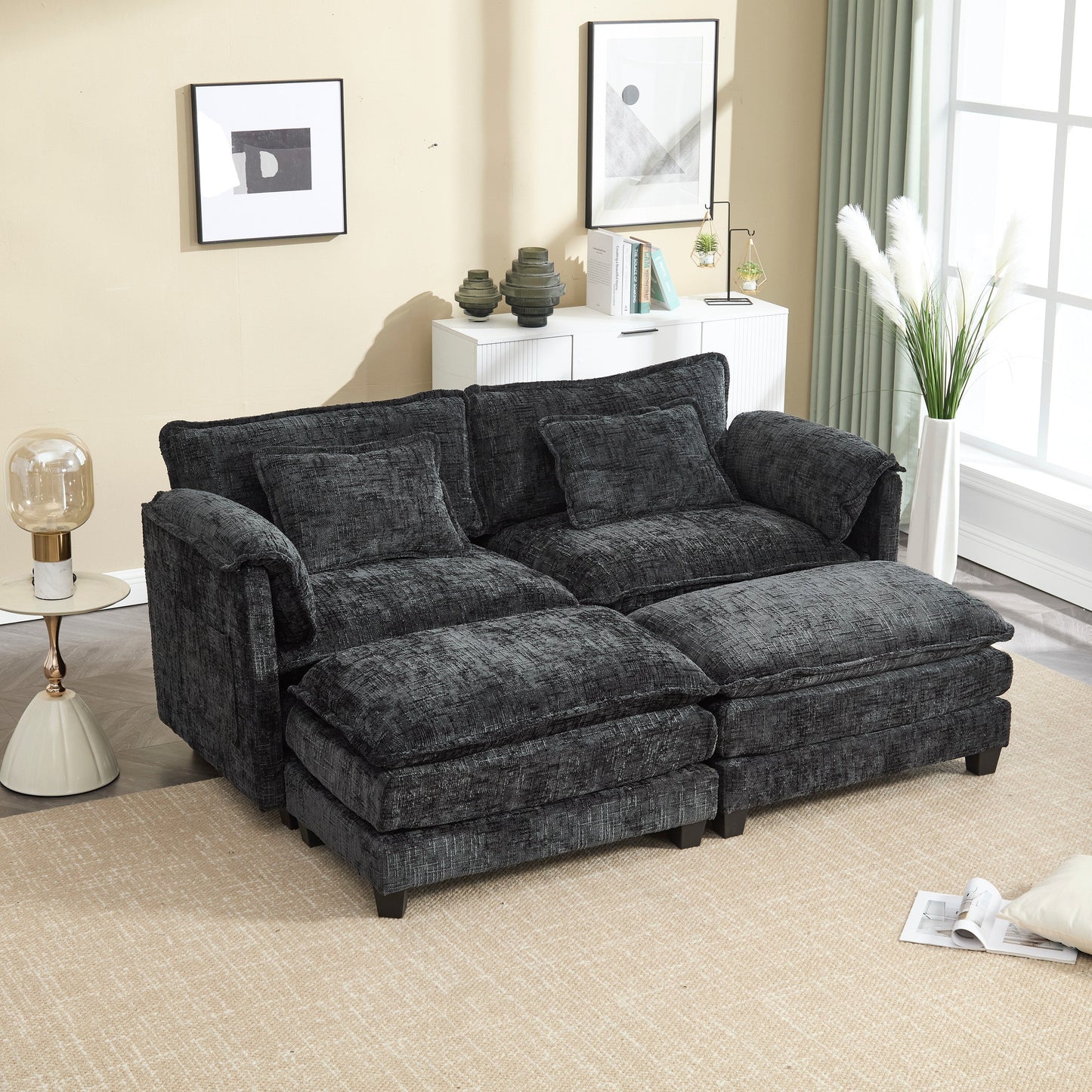 Solid Construction, the Overall Structure of the Sofa is Stable, Two Foot Stools and Two-seat Sofa with Side Pockets