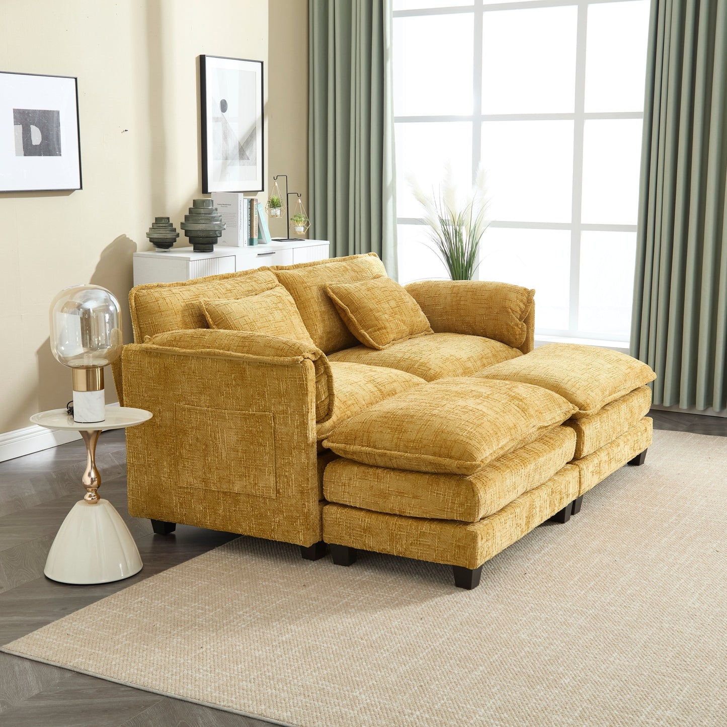 Solid Construction, the Overall Structure of the Sofa is Stable, Two Foot Stools and Two-seat Sofa with Side Pockets